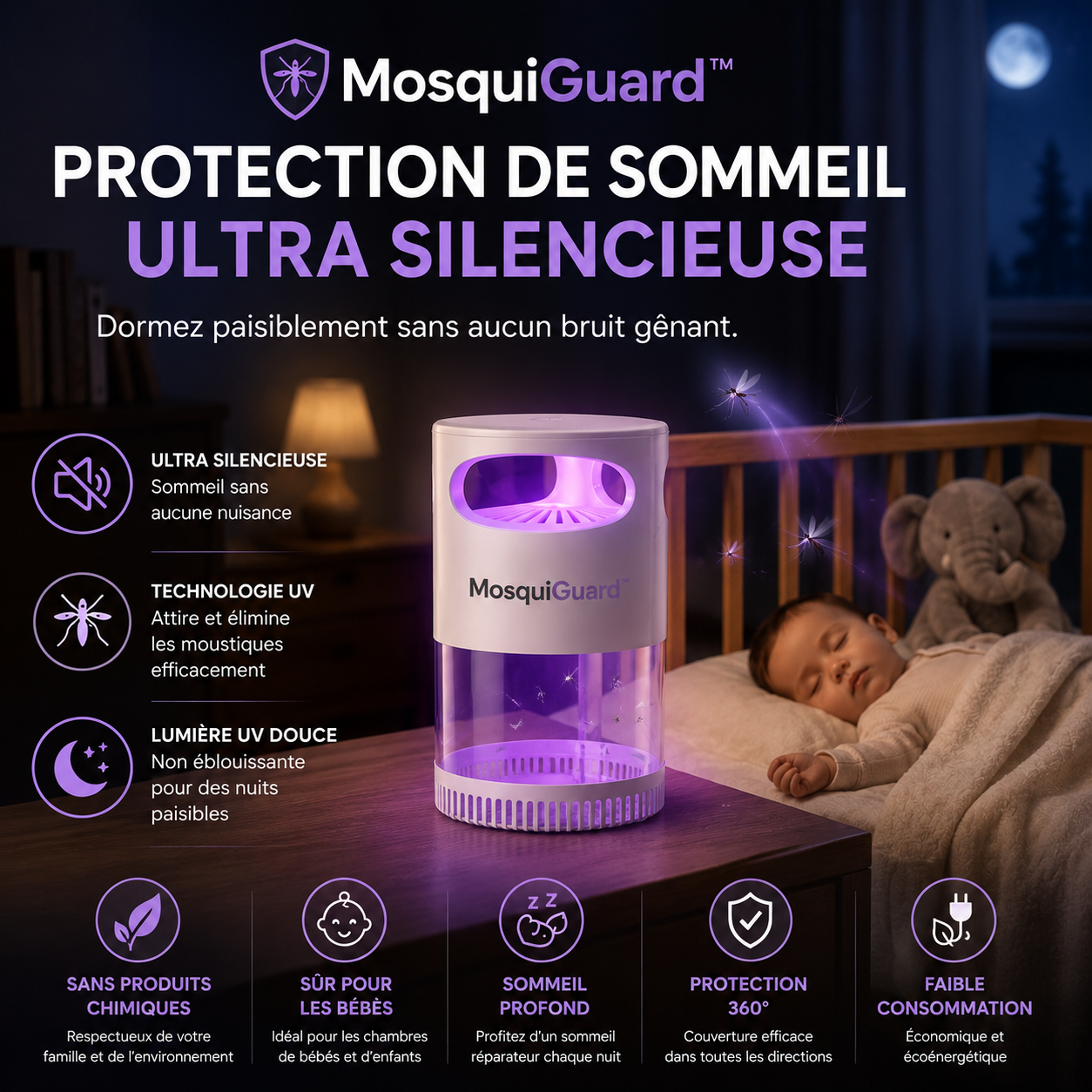 MosquiGuard™ Lampe Anti-Moustiques UV | La technologie UV 360° attire et élimine les moustiques silencieusement pour des nuits paisibles dès la première utilisation.
