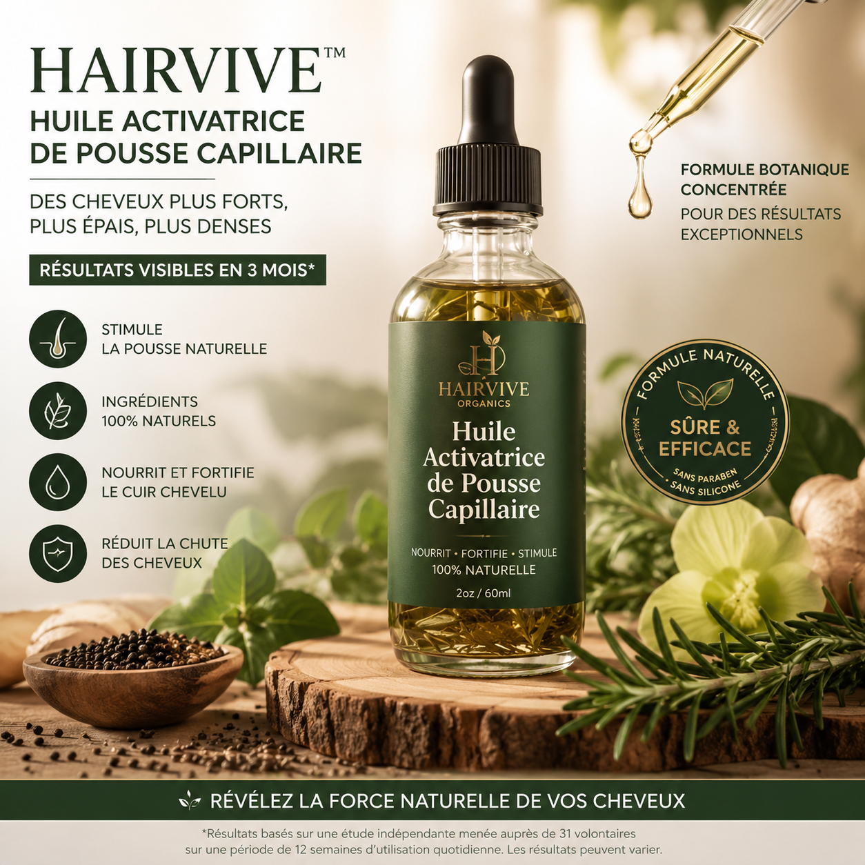 HairVive™ Huile Activatrice de Pousse Capillaire | La technologie botanique réactive les follicules endormis pour des cheveux visiblement plus denses en seulement 1 mois.